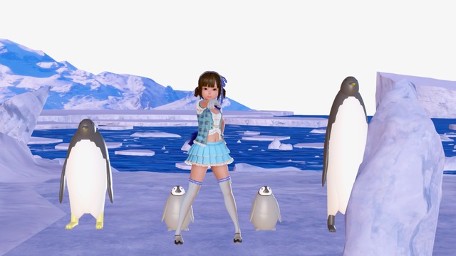 南極でペンギンと一緒に踊るミケ